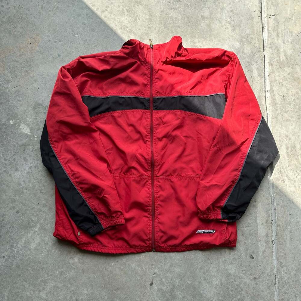Vintage Reebok Men's Full Zip Windbreaker Jacket Red and Black